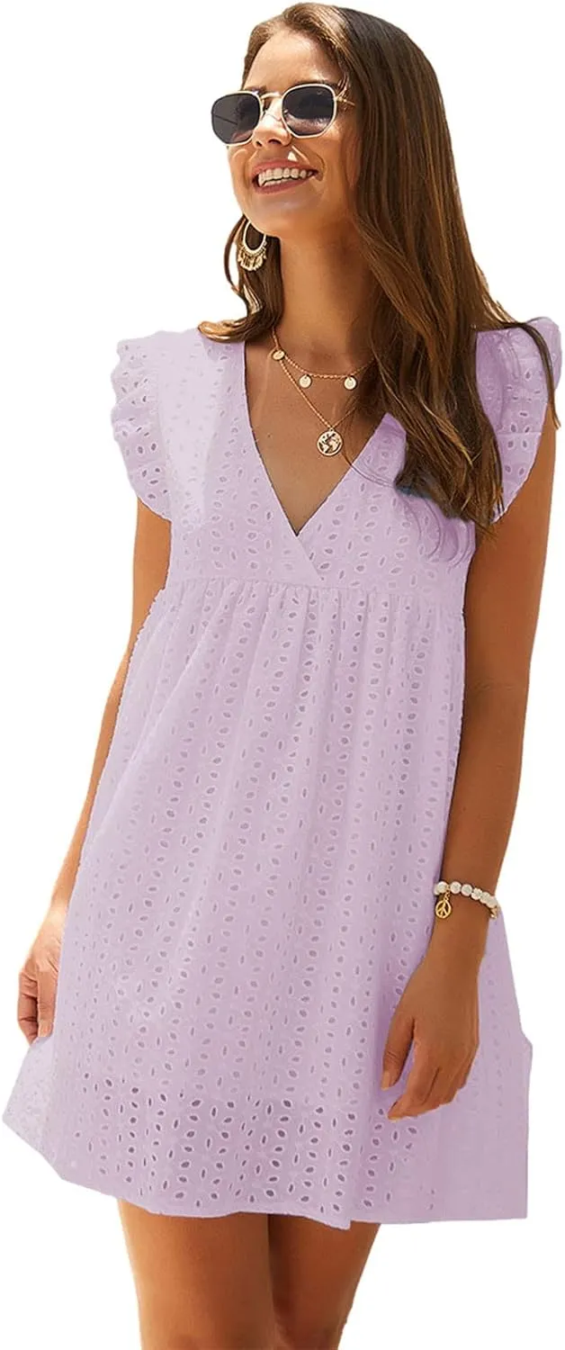 Women Summer Casual Wrap V-Neck Lace Hollow Out Ruffle Sleeveless Swing A-Line Party Birthday Babydoll Cute Mini Dresses