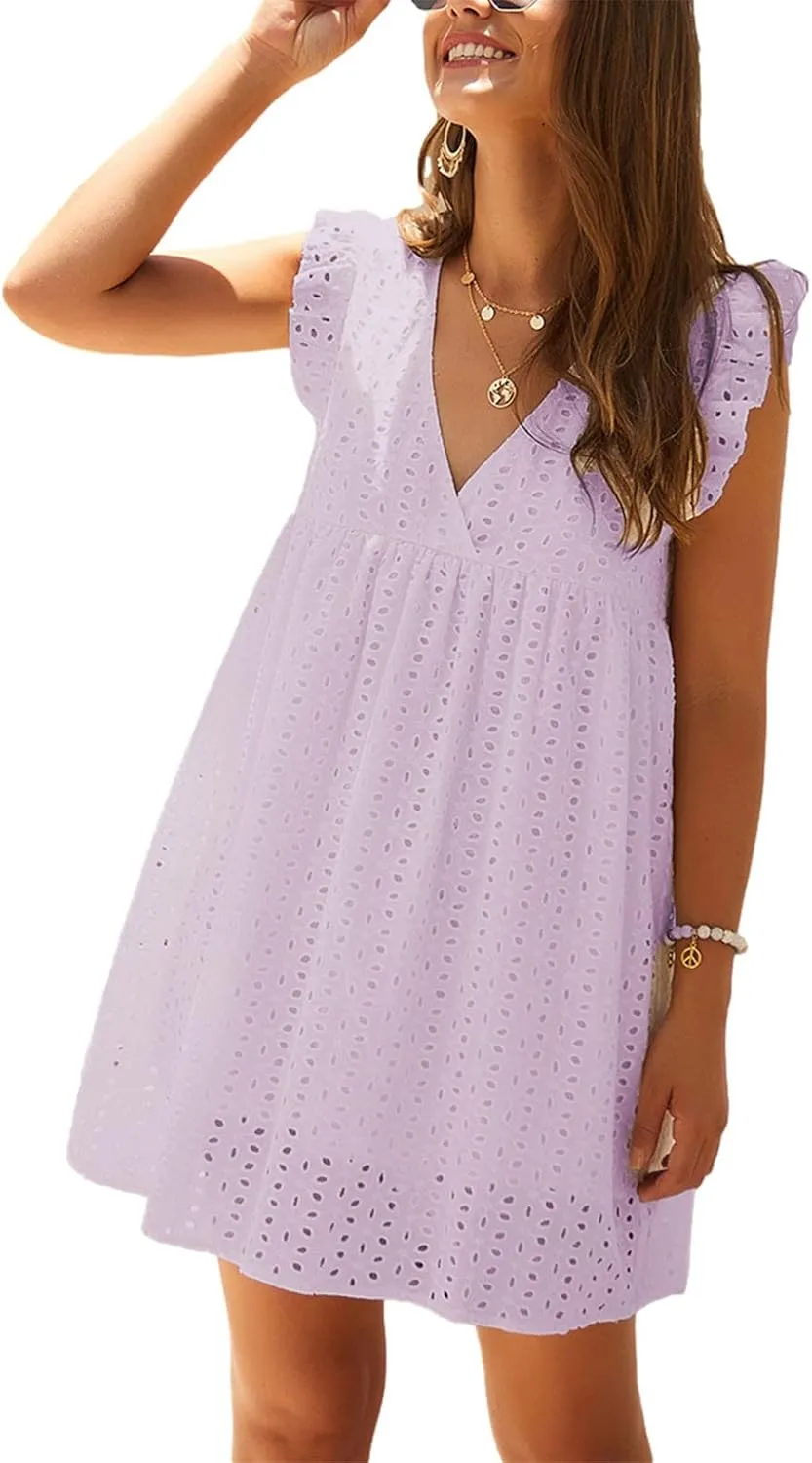 Women Summer Casual Wrap V-Neck Lace Hollow Out Ruffle Sleeveless Swing A-Line Party Birthday Babydoll Cute Mini Dresses