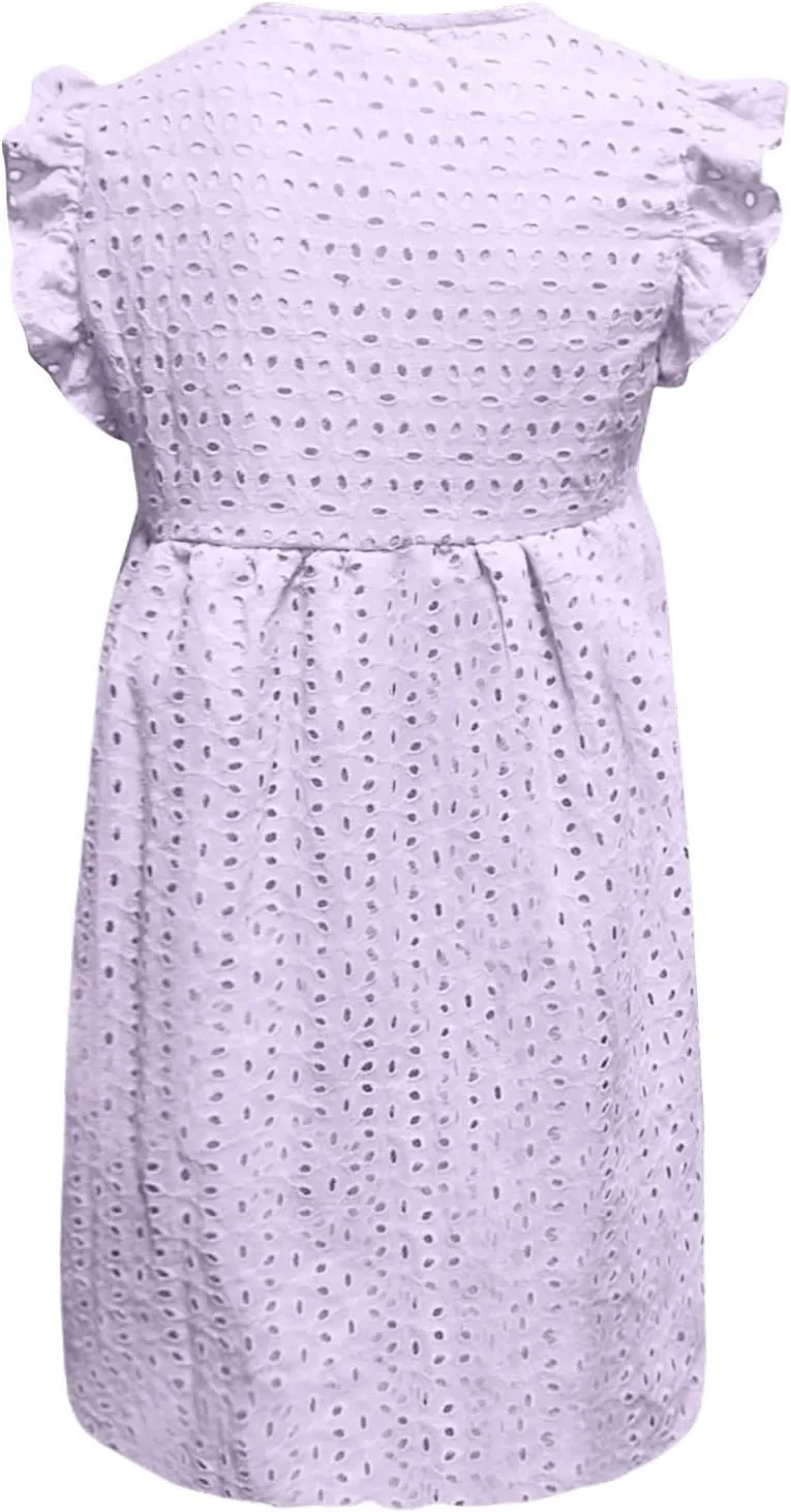 Women Summer Casual Wrap V-Neck Lace Hollow Out Ruffle Sleeveless Swing A-Line Party Birthday Babydoll Cute Mini Dresses