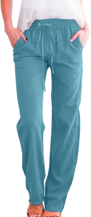 Women Summer High Waisted Cotton Linen Pants Straight Leg Drawstring Elastic High Waist Loose Comfy Trousers with Pockets