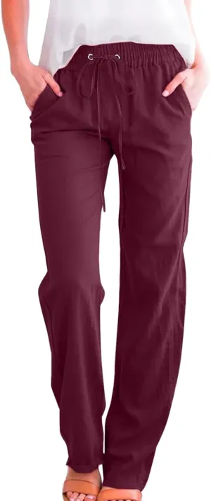 Women Summer High Waisted Cotton Linen Pants Straight Leg Drawstring Elastic High Waist Loose Comfy Trousers with Pockets