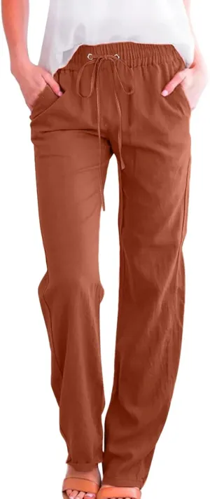 Women Summer High Waisted Cotton Linen Pants Straight Leg Drawstring Elastic High Waist Loose Comfy Trousers with Pockets