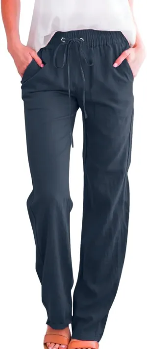 Women Summer High Waisted Cotton Linen Pants Straight Leg Drawstring Elastic High Waist Loose Comfy Trousers with Pockets