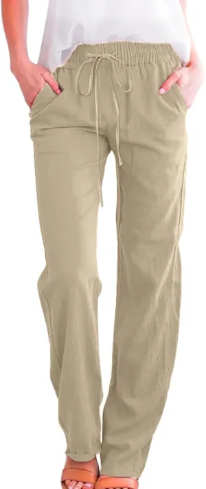 Women Summer High Waisted Cotton Linen Pants Straight Leg Drawstring Elastic High Waist Loose Comfy Trousers with Pockets