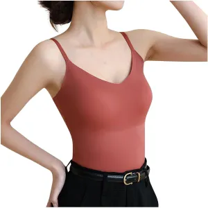 Women Tank Tops with Built in Bras V Neck Shelf Bra Camisoles Adjustable Spaghetti Strap Tank Tops Basic Layer Cami