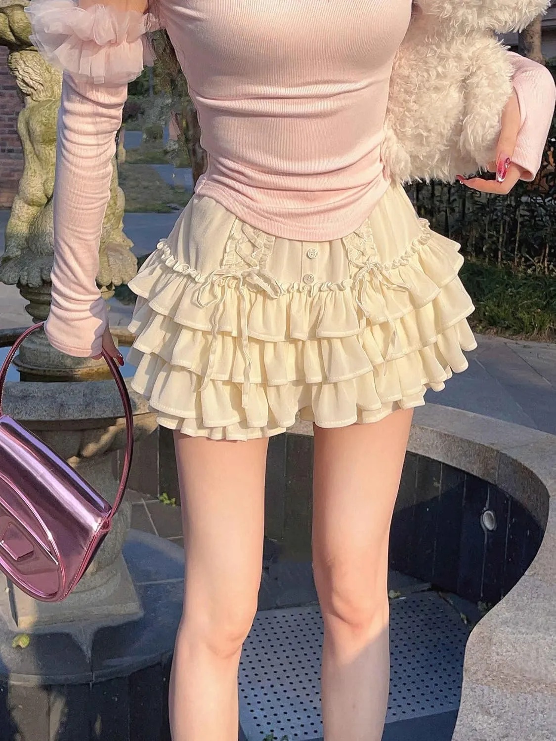 Women Tiered Ruffle Mini Skirt Teens Skater Lolita Frilly High Waisted Tennis Skort A Line Velvet Cute Skirts