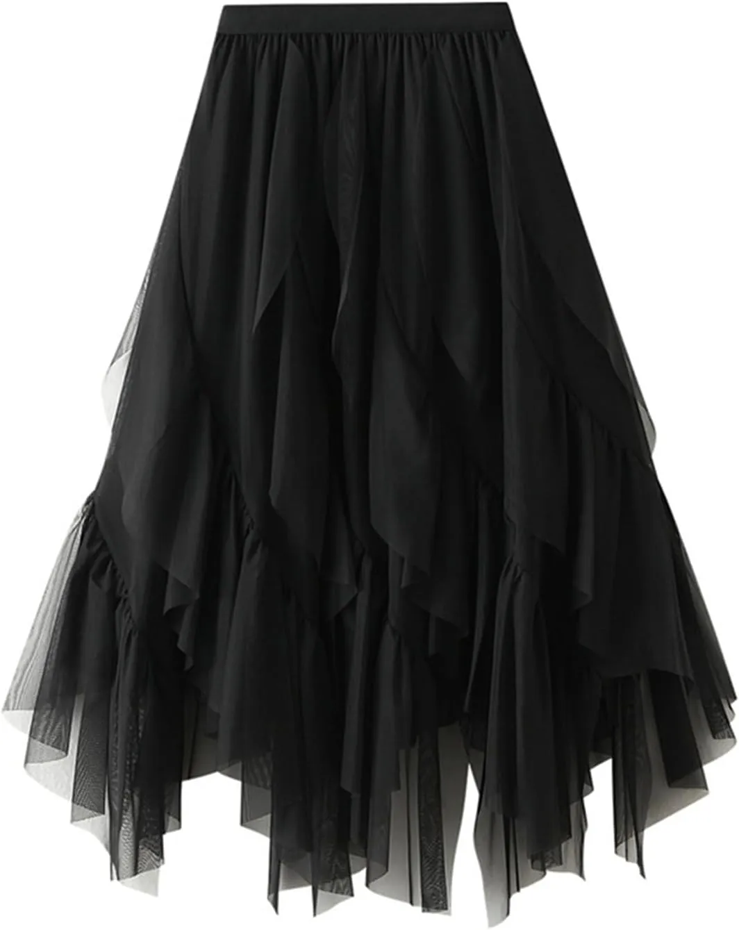Women Tutu Skirt Layered Tulle Elastic High Waist Skirt Fluffy Irregular Hem Pleated A-line Midi Skirt Casual