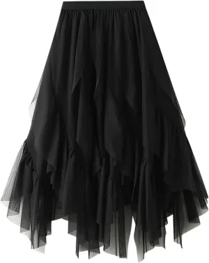 Women Tutu Skirt Layered Tulle Elastic High Waist Skirt Fluffy Irregular Hem Pleated A-line Midi Skirt Casual