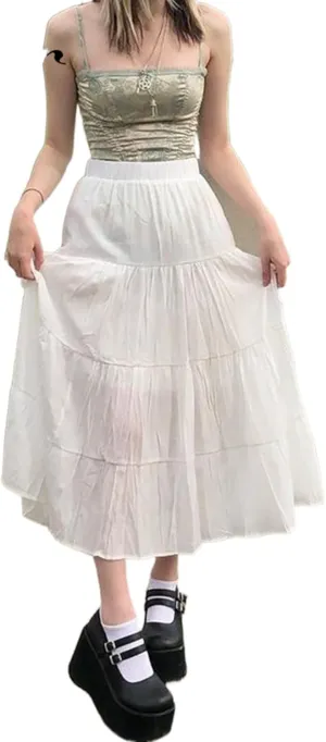 Women Vintage Floral Midi Skirt High Waist A-Line Pleated Fairy Long Skirt 90s E-Girl Grunge Streetwear