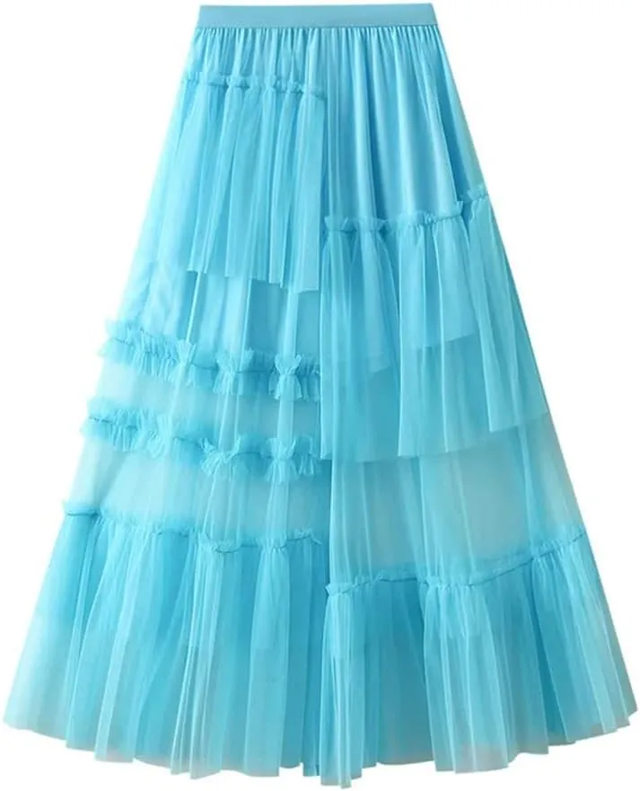 Women Vintage Midi Skirt Casual Stretch High Waist Layered Pleated Prom Party A-Line Skirt