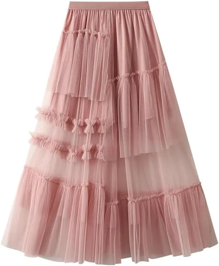 Women Vintage Midi Skirt Casual Stretch High Waist Layered Pleated Prom Party A-Line Skirt