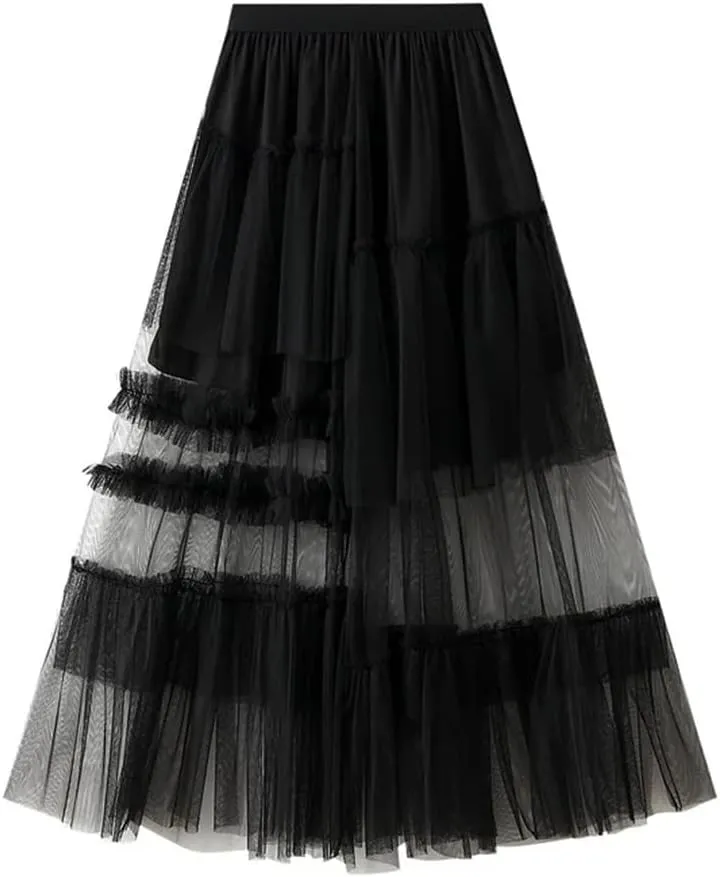 Women Vintage Midi Skirt Casual Stretch High Waist Layered Pleated Prom Party A-Line Skirt