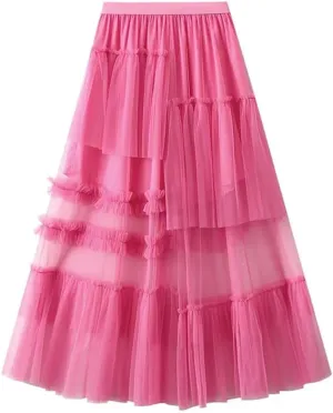 Women Vintage Midi Skirt Casual Stretch High Waist Layered Pleated Prom Party A-Line Skirt