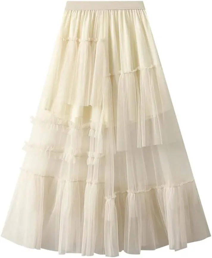 Women Vintage Midi Skirt Casual Stretch High Waist Layered Pleated Prom Party A-Line Skirt
