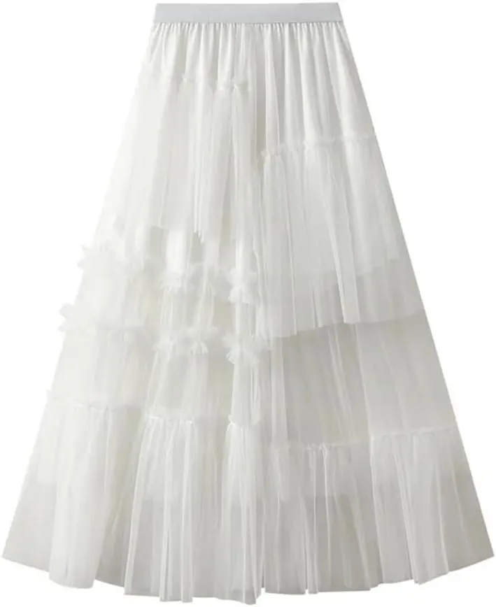 Women Vintage Midi Skirt Casual Stretch High Waist Layered Pleated Prom Party A-Line Skirt