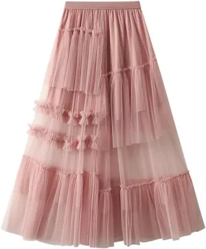 Women Vintage Midi Skirt Casual Stretch High Waist Layered Pleated Prom Party A-Line Skirt