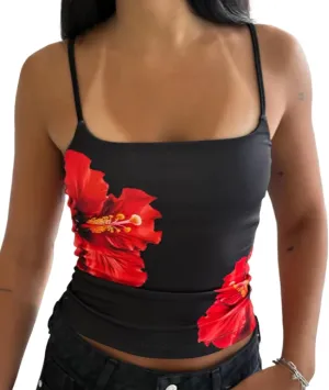 Women Y2k Floral Print Tank Top Vintage Sleeveless Crop Camisole Spaghetti Strap Aesthetic Going Out Top