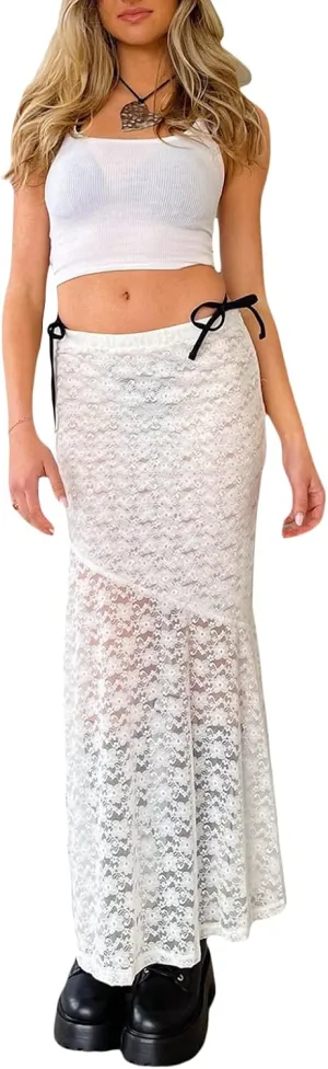 Women Y2k Lace Long Skirt Low Waist See Through Maxi Skirts Ruffle Mesh Midi Skirt Gothic Beach Party Club Skirt