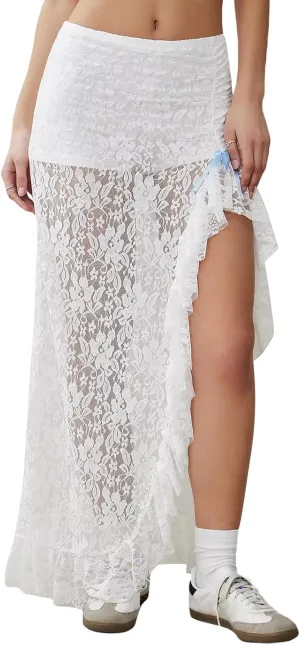Women Y2k Lace Long Skirt Low Waist See Through Maxi Skirts Ruffle Mesh Midi Skirt Gothic Beach Party Club Skirt
