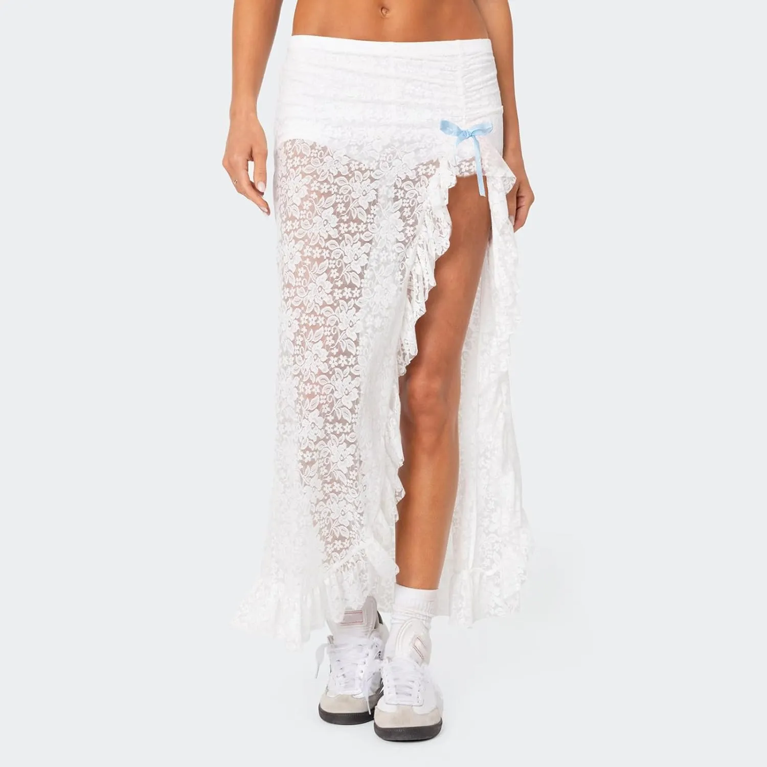 Women Y2k Lace Long Skirt Low Waist See Through Maxi Skirts Ruffle Mesh Midi Skirt Gothic Beach Party Club Skirt
