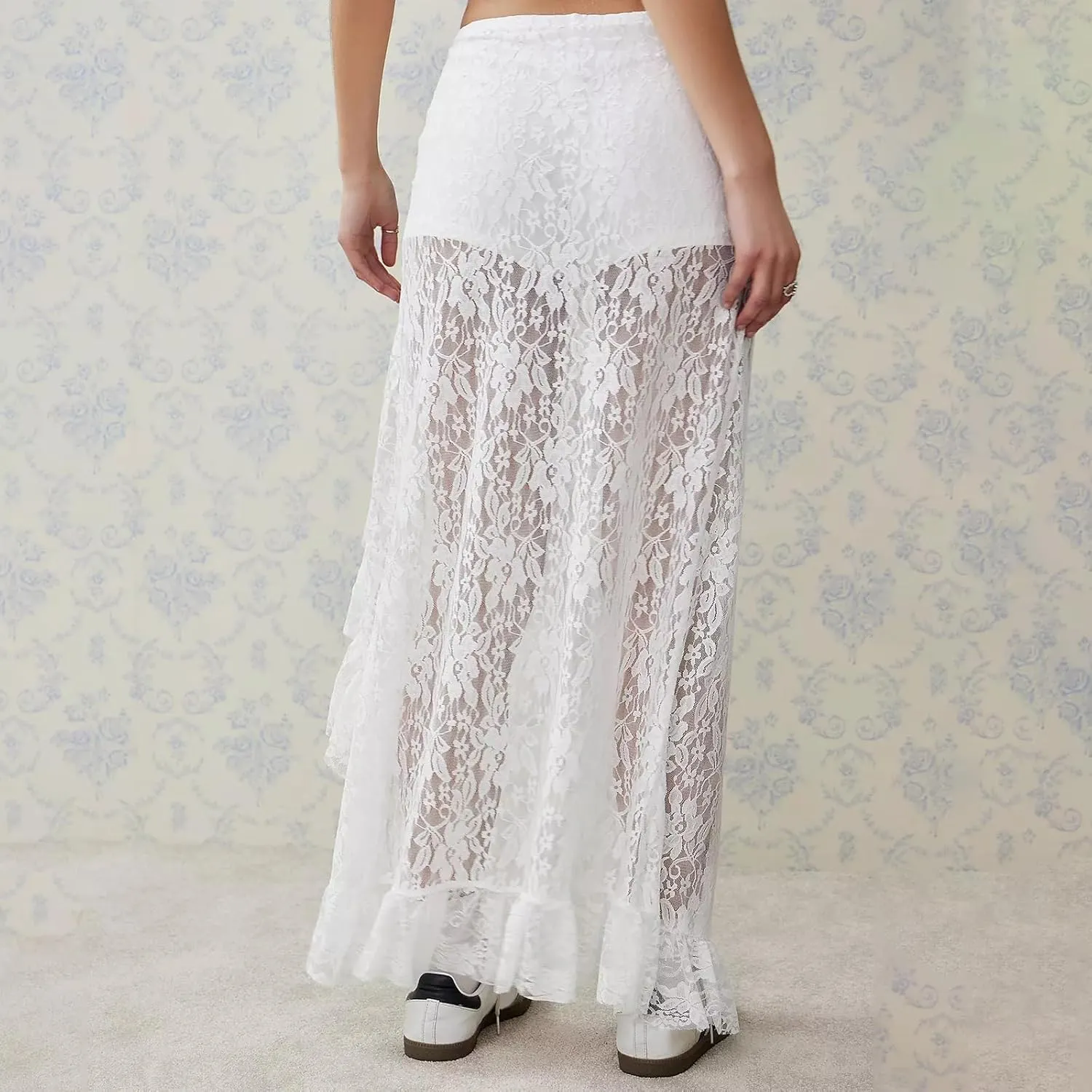 Women Y2k Lace Long Skirt Low Waist See Through Maxi Skirts Ruffle Mesh Midi Skirt Gothic Beach Party Club Skirt