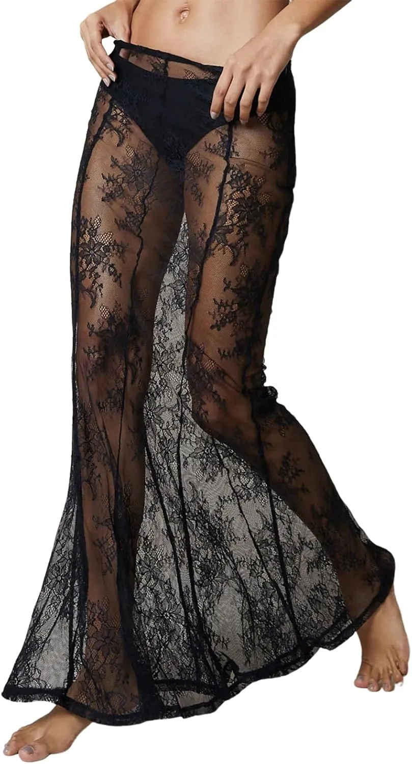 Women Y2k Lace Long Skirt Sexy See Through Maxi Skirt Cute High Waist Sheer Skirt Lace Club Party Skirt Streetwear
