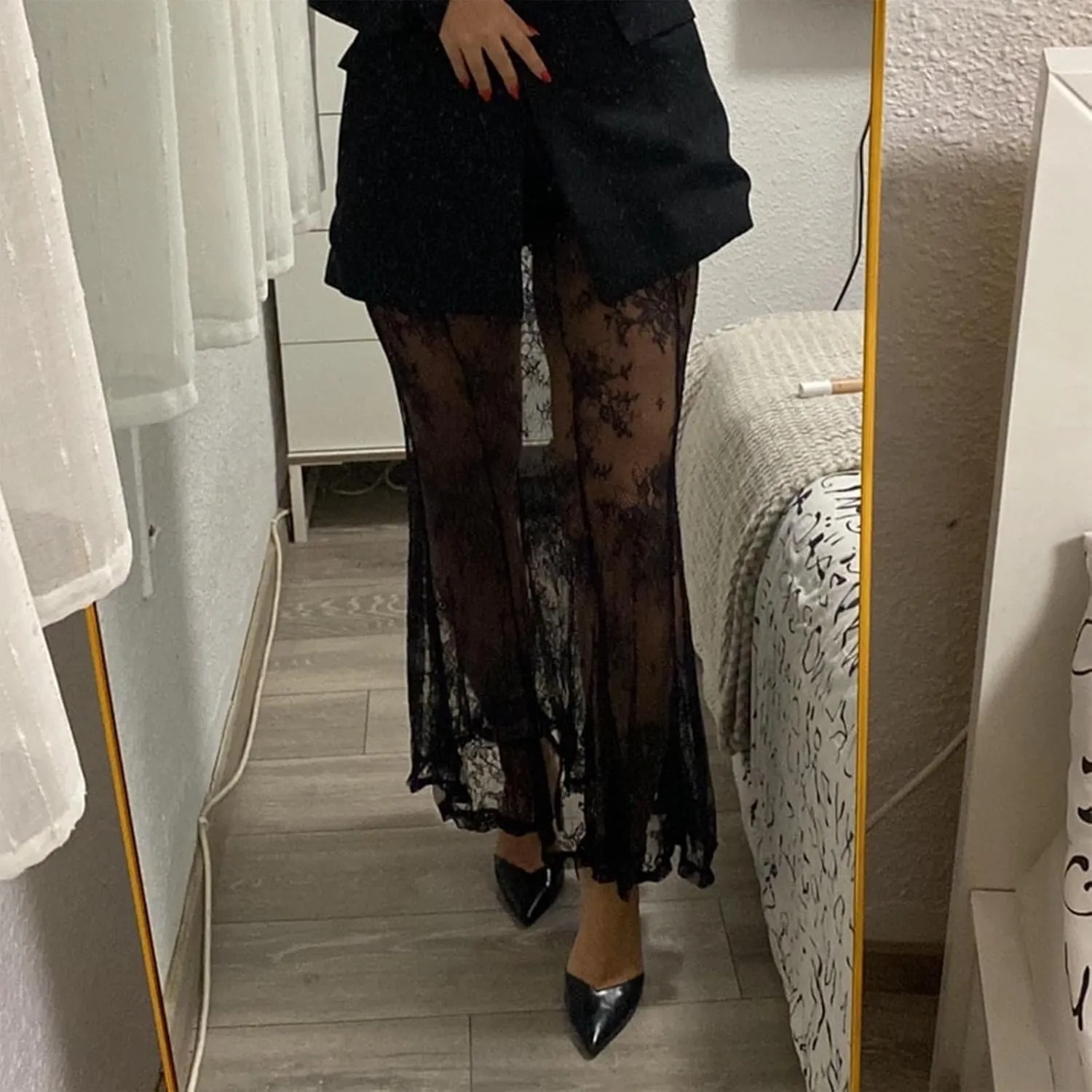 Women Y2k Lace Long Skirt Sexy See Through Maxi Skirt Cute High Waist Sheer Skirt Lace Club Party Skirt Streetwear