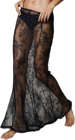 Women Y2k Lace Long Skirt Sexy See Through Maxi Skirt Cute High Waist Sheer Skirt Lace Club Party Skirt Streetwear