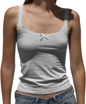 Women Y2k Lace Trim Camisole Polka Dot Print V Neck Tank Crop Top Slim Fit Spaghetti Strap Vest Summer Streetwear
