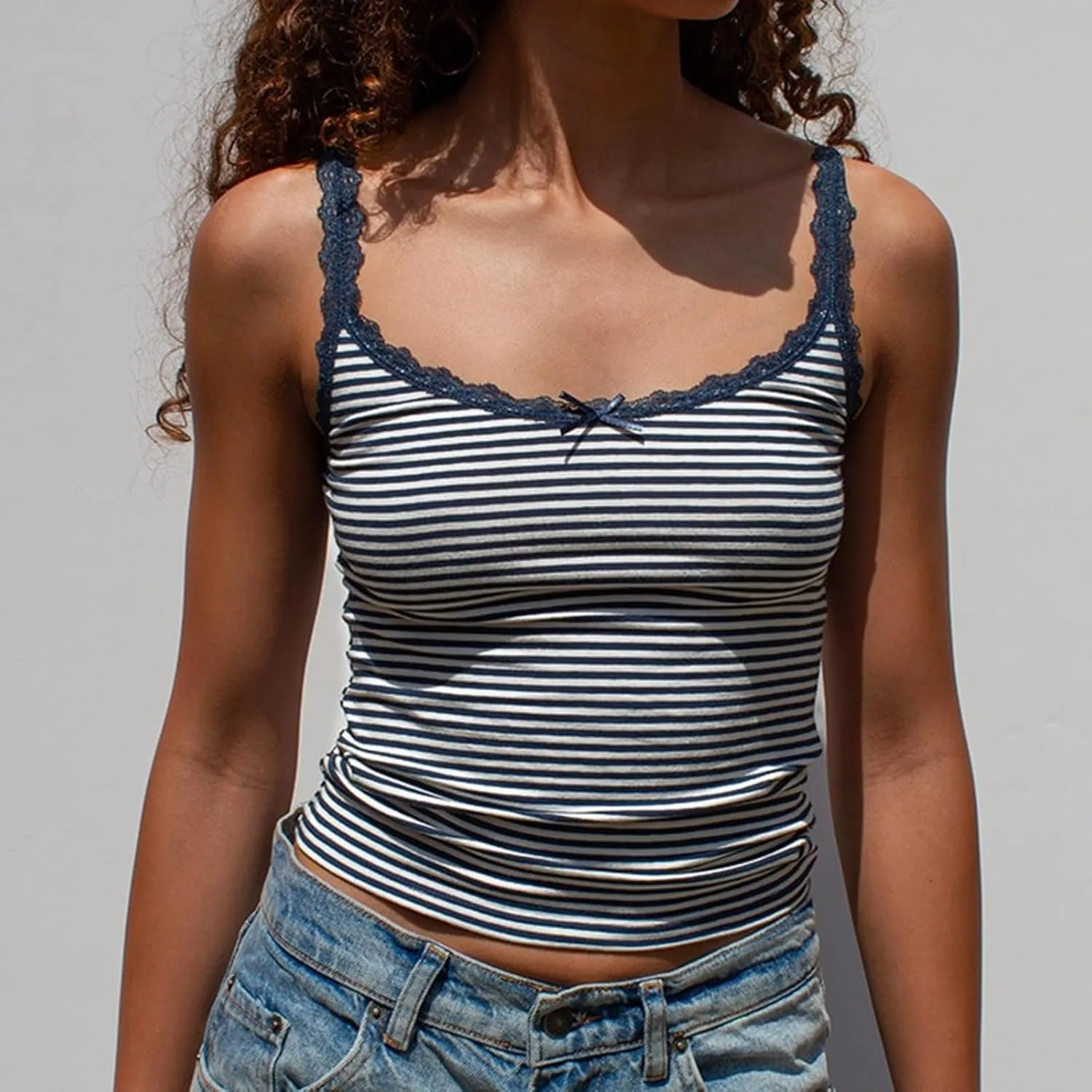 Women Y2k Lace Trim Camisole Polka Dot Print V Neck Tank Crop Top Slim Fit Spaghetti Strap Vest Summer Streetwear