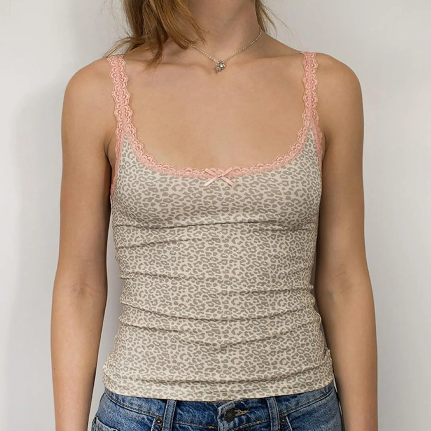 Women Y2k Lace Trim Camisole Polka Dot Print V Neck Tank Crop Top Slim Fit Spaghetti Strap Vest Summer Streetwear