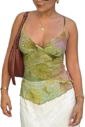 Women Y2k Mesh Tank Top Camisole Floral Print Spaghetti Strap Sleeveless V Neck Going Out Tops Cami Shirts
