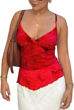 Women Y2k Mesh Tank Top Camisole Floral Print Spaghetti Strap Sleeveless V Neck Going Out Tops Cami Shirts