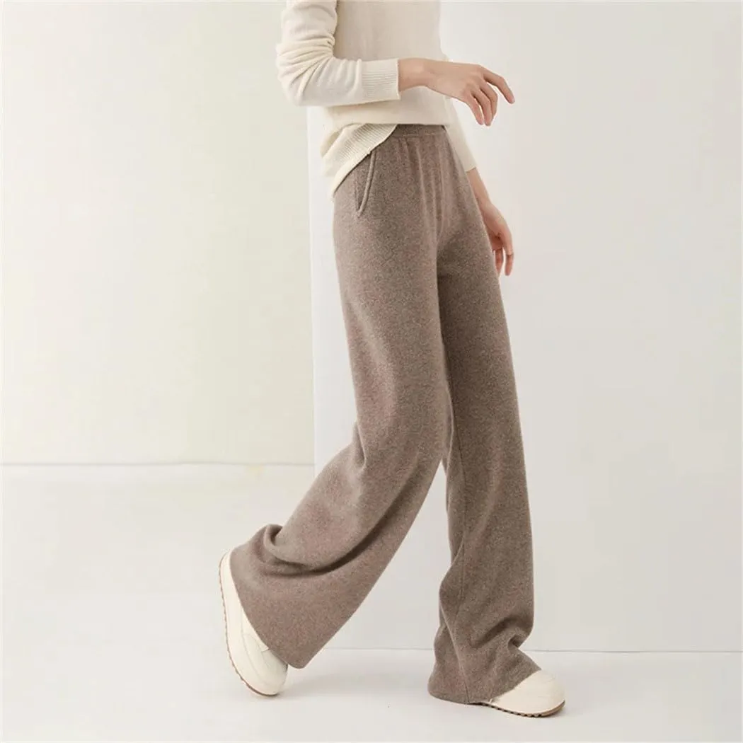 WomenS 100% Merino Wool Wide Leg Knit Pants, Winter Solid Color Warm Trousers with Pocket