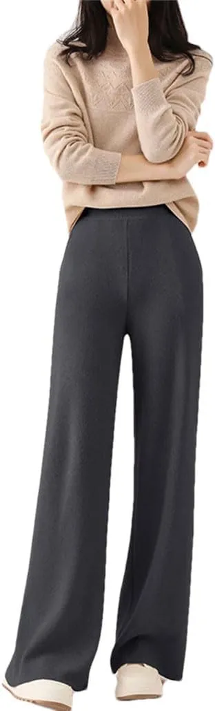WomenS 100% Merino Wool Wide Leg Knit Pants, Winter Solid Color Warm Trousers with Pocket