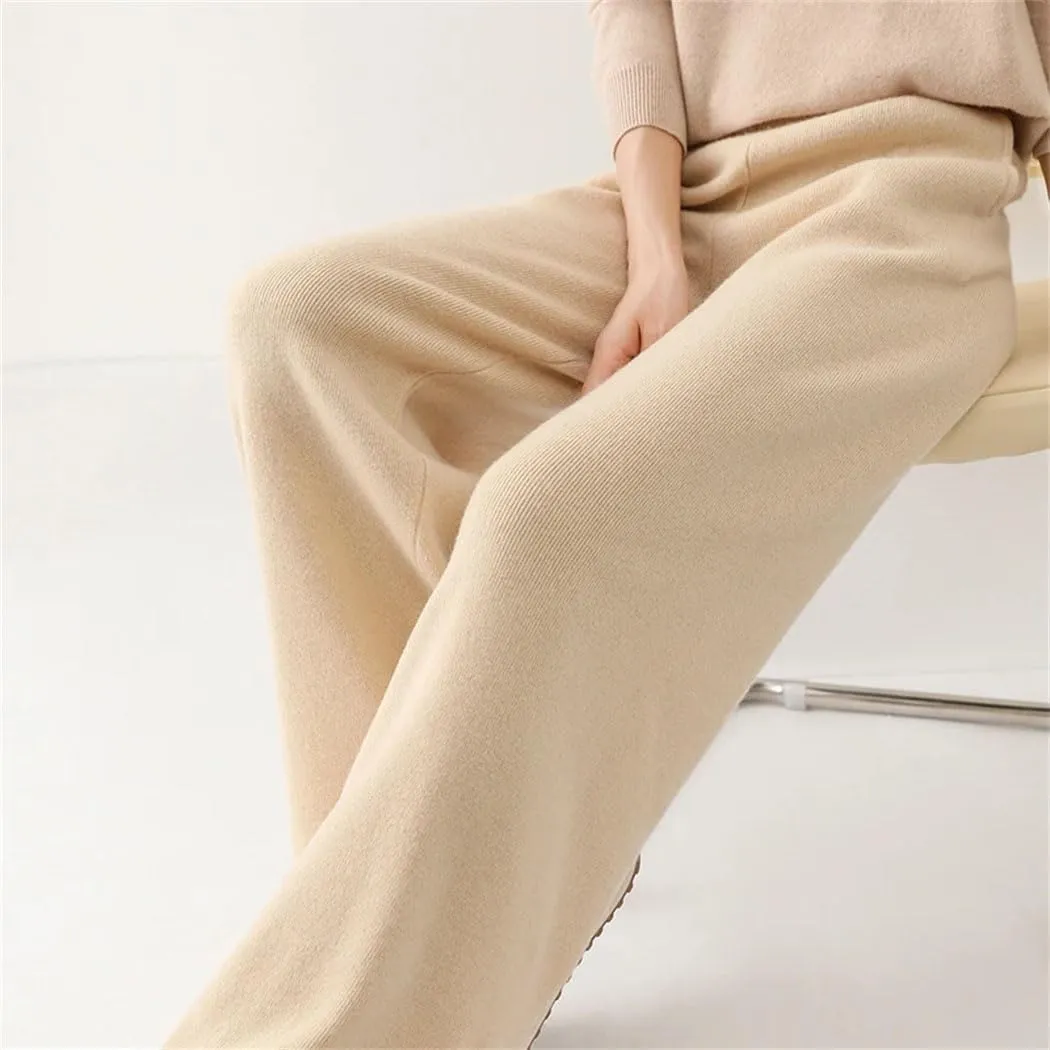 WomenS 100% Merino Wool Wide Leg Knit Pants, Winter Solid Color Warm Trousers with Pocket