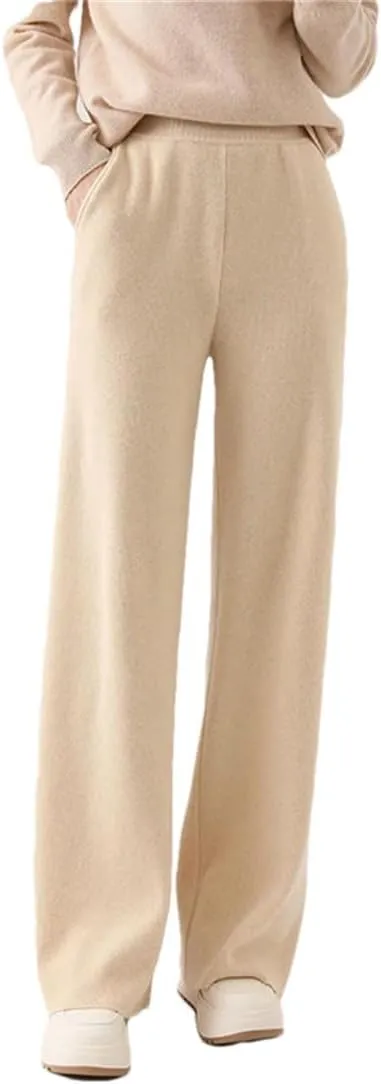 WomenS 100% Merino Wool Wide Leg Knit Pants, Winter Solid Color Warm Trousers with Pocket