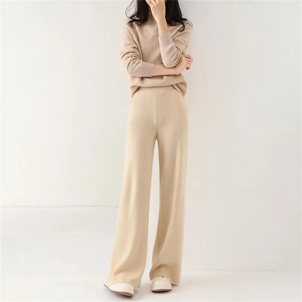 WomenS 100% Merino Wool Wide Leg Knit Pants, Winter Solid Color Warm Trousers with Pocket