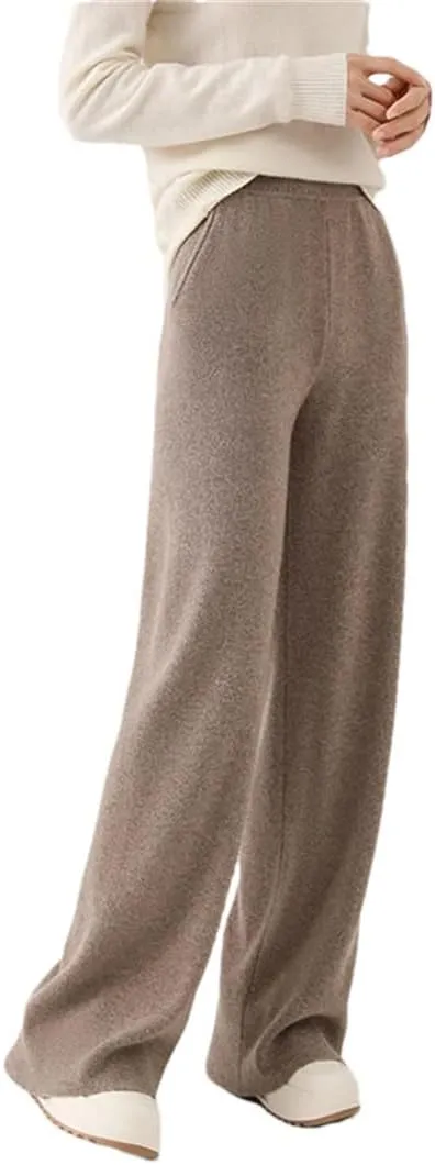 WomenS 100% Merino Wool Wide Leg Knit Pants, Winter Solid Color Warm Trousers with Pocket