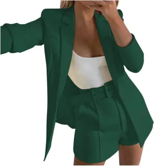 Women's 3 Piece Office Work Suit Set Long Sleeves Blazer  Shorts with Belt Solid Casual Lapel Front Open Cardigan