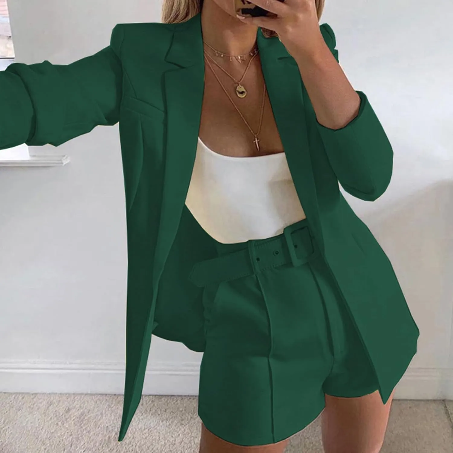 Women's 3 Piece Office Work Suit Set Long Sleeves Blazer  Shorts with Belt Solid Casual Lapel Front Open Cardigan