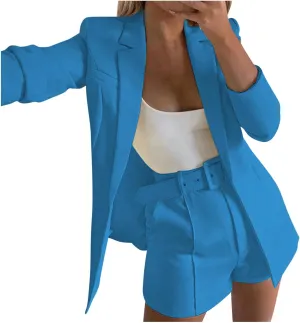 Women's 3 Piece Office Work Suit Set Long Sleeves Blazer  Shorts with Belt Solid Casual Lapel Front Open Cardigan