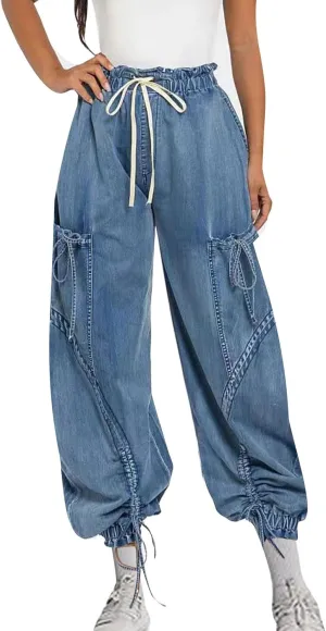 Womens Barrel Jeans Baggy Y2k High Waisted Drawstring Bow Tie Cargo Jeans Sweatpants Cinch Bottom Joggers Denim Pants