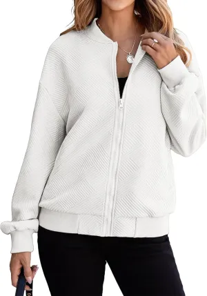Womens Bomber Jackets Lightweight Oversized Zip Up Long Sleeve Coat Casual Soild Color Jackets