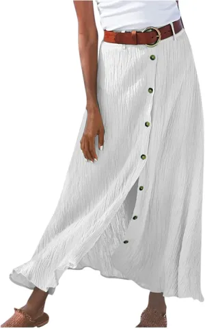 Womens Button Front Flowy Maxi Skirt High Waisted Plisse A Line Skirts 2025 Summer Casual Pleated Flared Long Skirt
