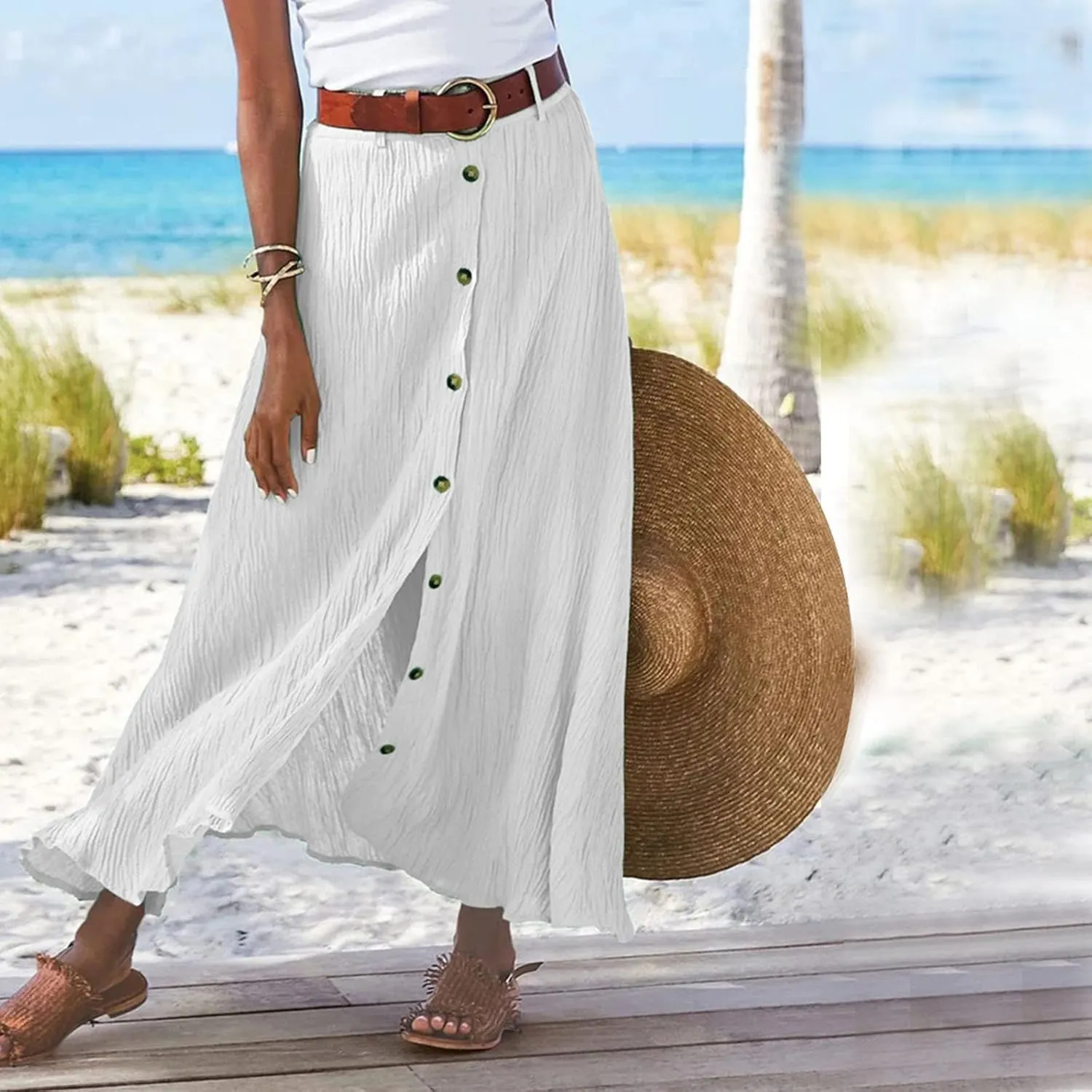 Womens Button Front Flowy Maxi Skirt High Waisted Plisse A Line Skirts 2025 Summer Casual Pleated Flared Long Skirt