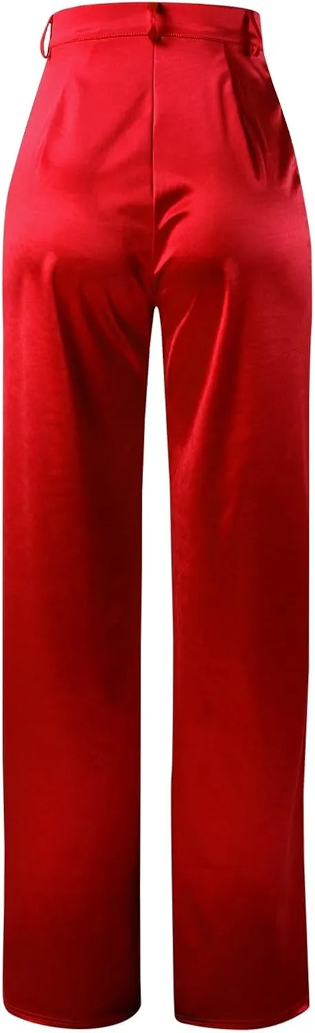 Women's Casual Fashion Pants Muilt Pocket Pants High Rise Satin Soft Track Suit Sweatpants Baggy Wide Leg Trousers