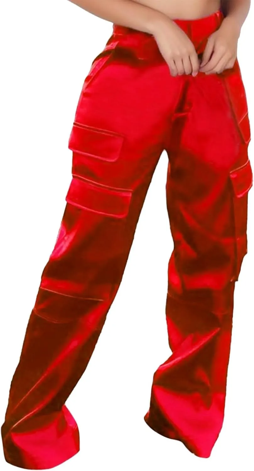 Women's Casual Fashion Pants Muilt Pocket Pants High Rise Satin Soft Track Suit Sweatpants Baggy Wide Leg Trousers