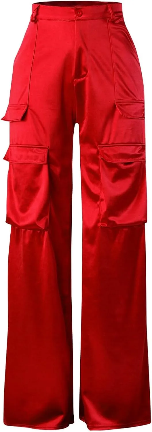 Women's Casual Fashion Pants Muilt Pocket Pants High Rise Satin Soft Track Suit Sweatpants Baggy Wide Leg Trousers