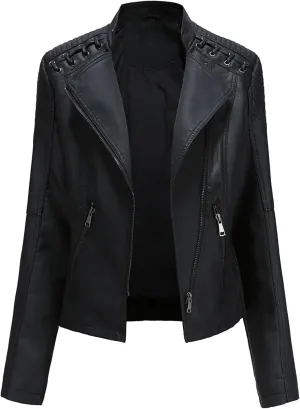 Womens Cropped Faux Leather Jackets Plus Size Slim Fit Moto Bike Coats Lapel Fashion Zipper Motorcycle Suit Jacket